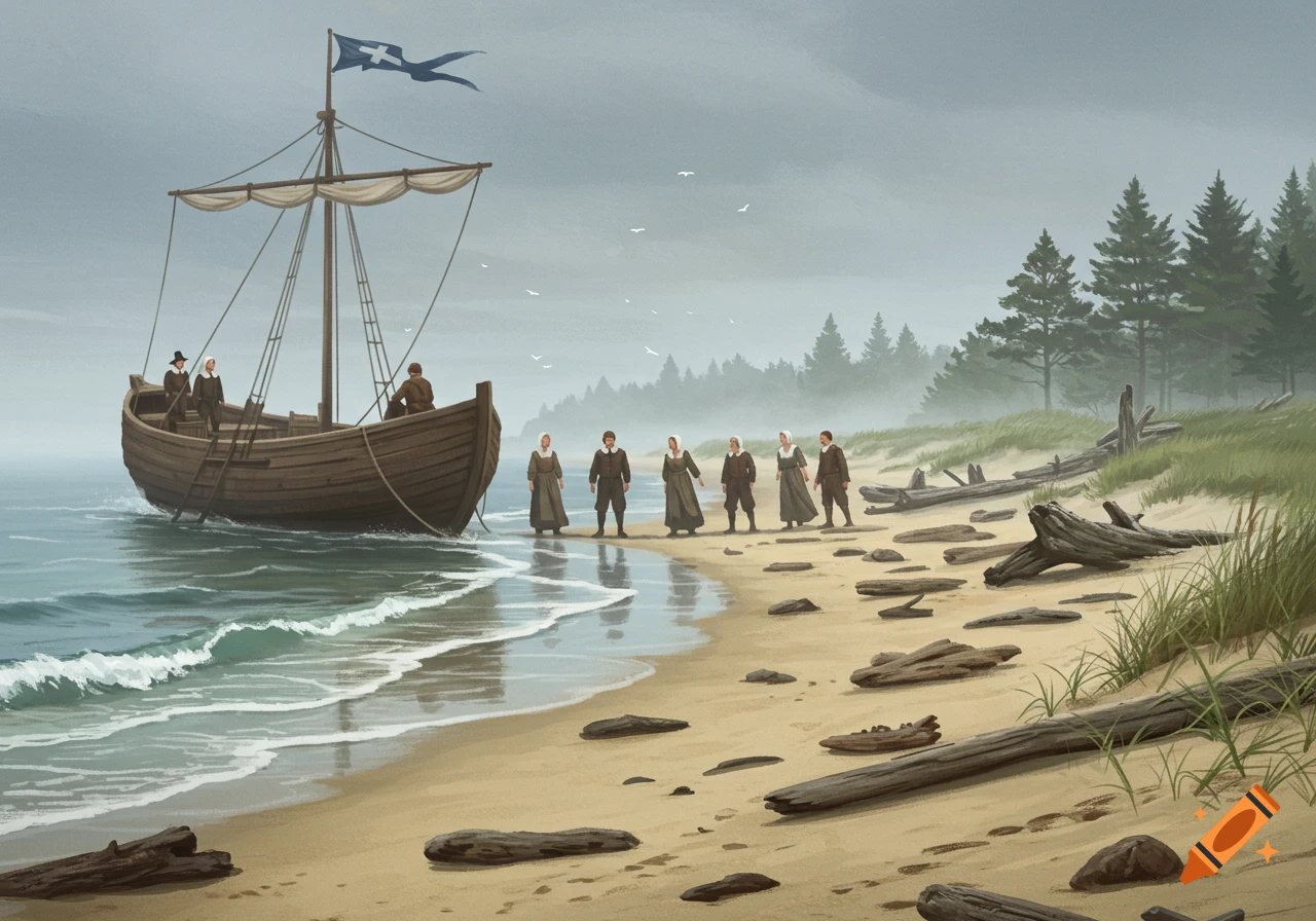 Illustrated scene of Pilgrims landing on a sandy beach from a wooden boat, with a forested coastline in the background.