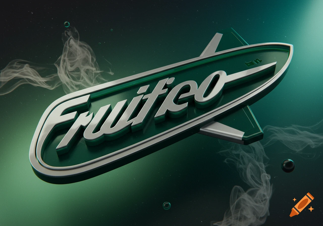 A sleek green and silver 'Fruiteo' logo with smoke and bubbles on a dark green background.