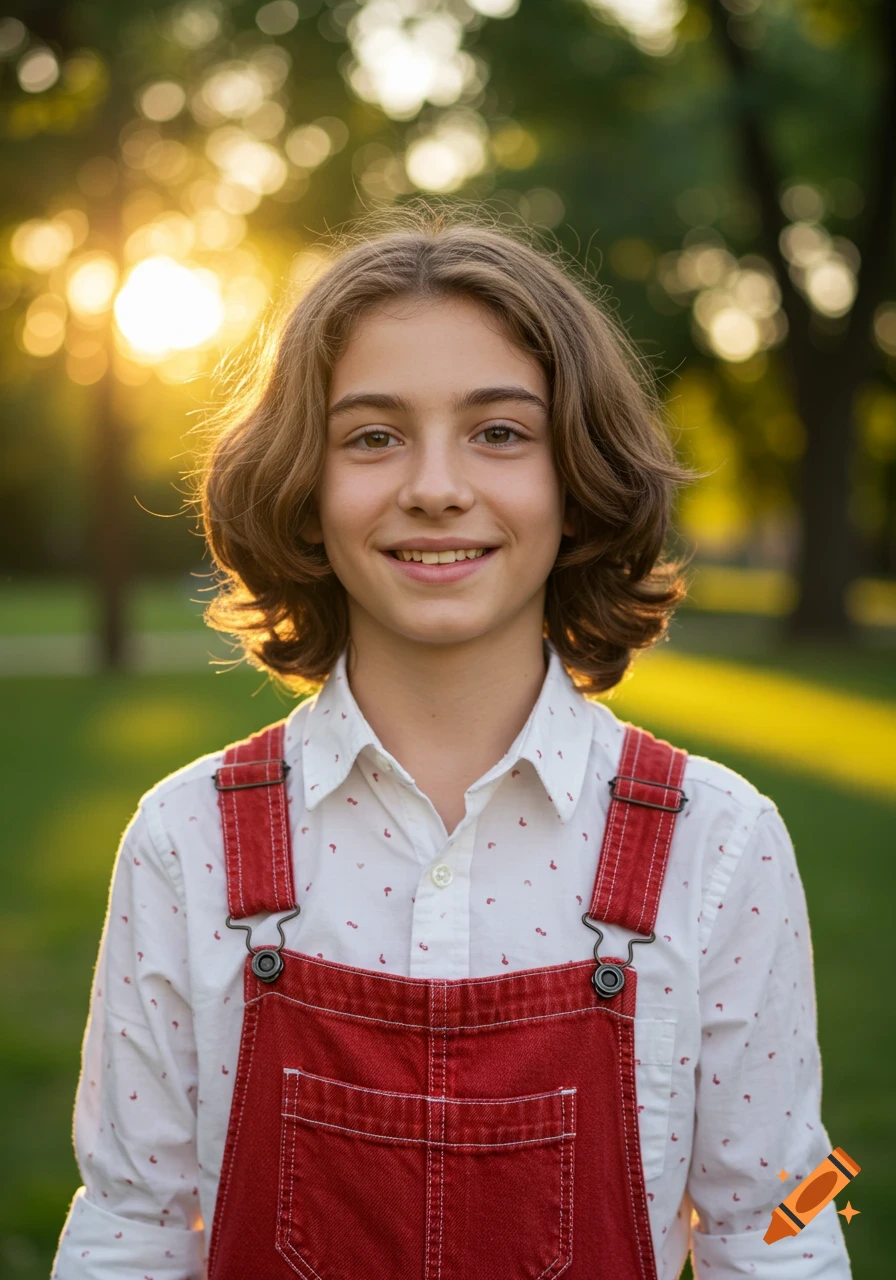 A young person with wavy brown hair and a white shirt with red overalls smiles in a sunny park at golden hour.
