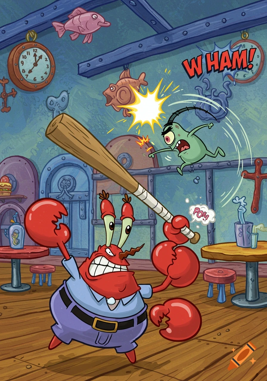 Cartoon Mr. Krabs swings a baseball bat at Plankton inside a building, with 'WHAM!' and 'POW!' sound effects.