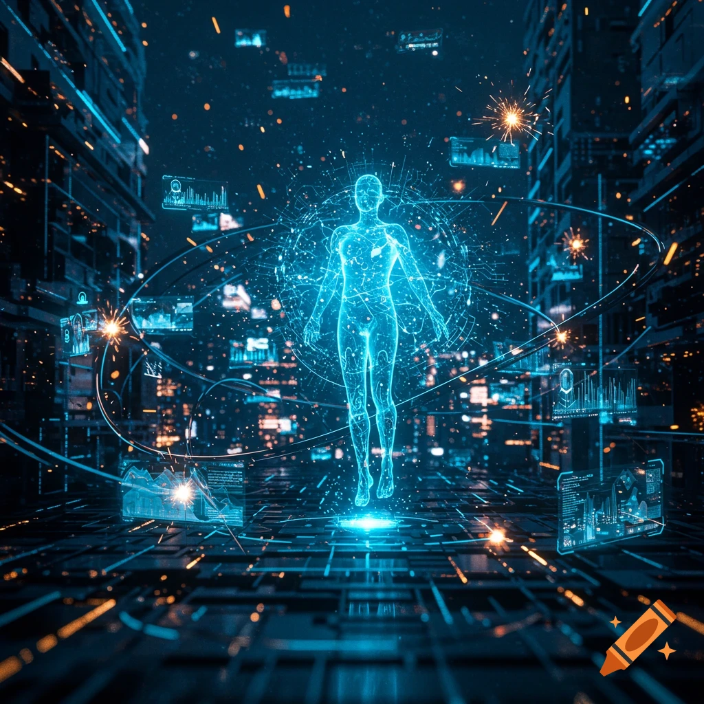 A glowing blue wireframe human figure in a futuristic, neon-lit digital city filled with data, sci-fi digital art.