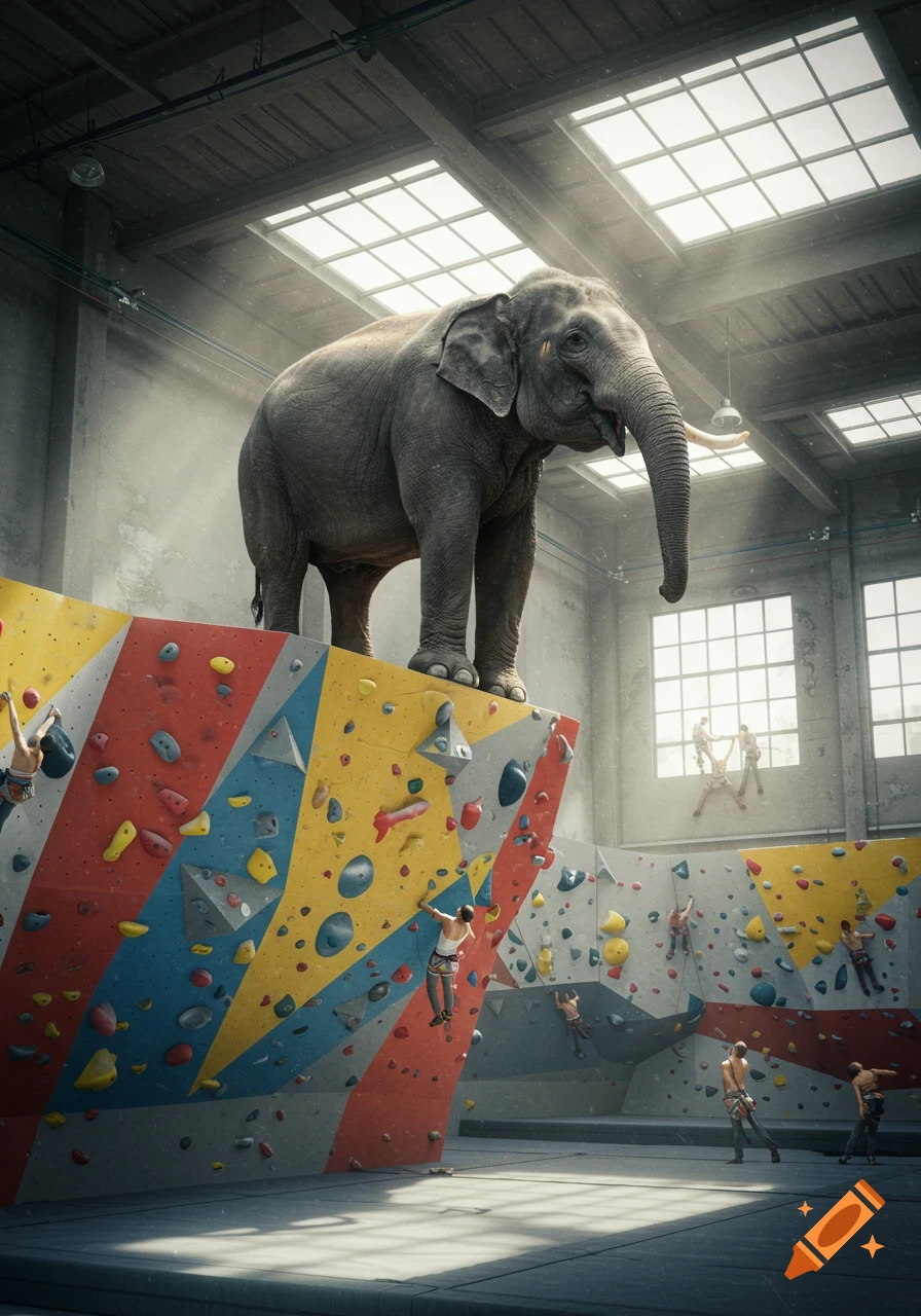 Photorealistic image of a large elephant standing atop a colorful climbing wall in a gym, with several people scaling other sections of the wall.