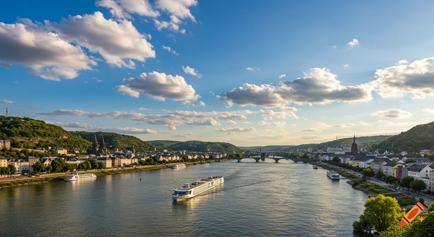 Panoramic view of Koblenz, Germany, with a river, city buildings, green hills, and a passenger ship under a blue sky with white clouds.