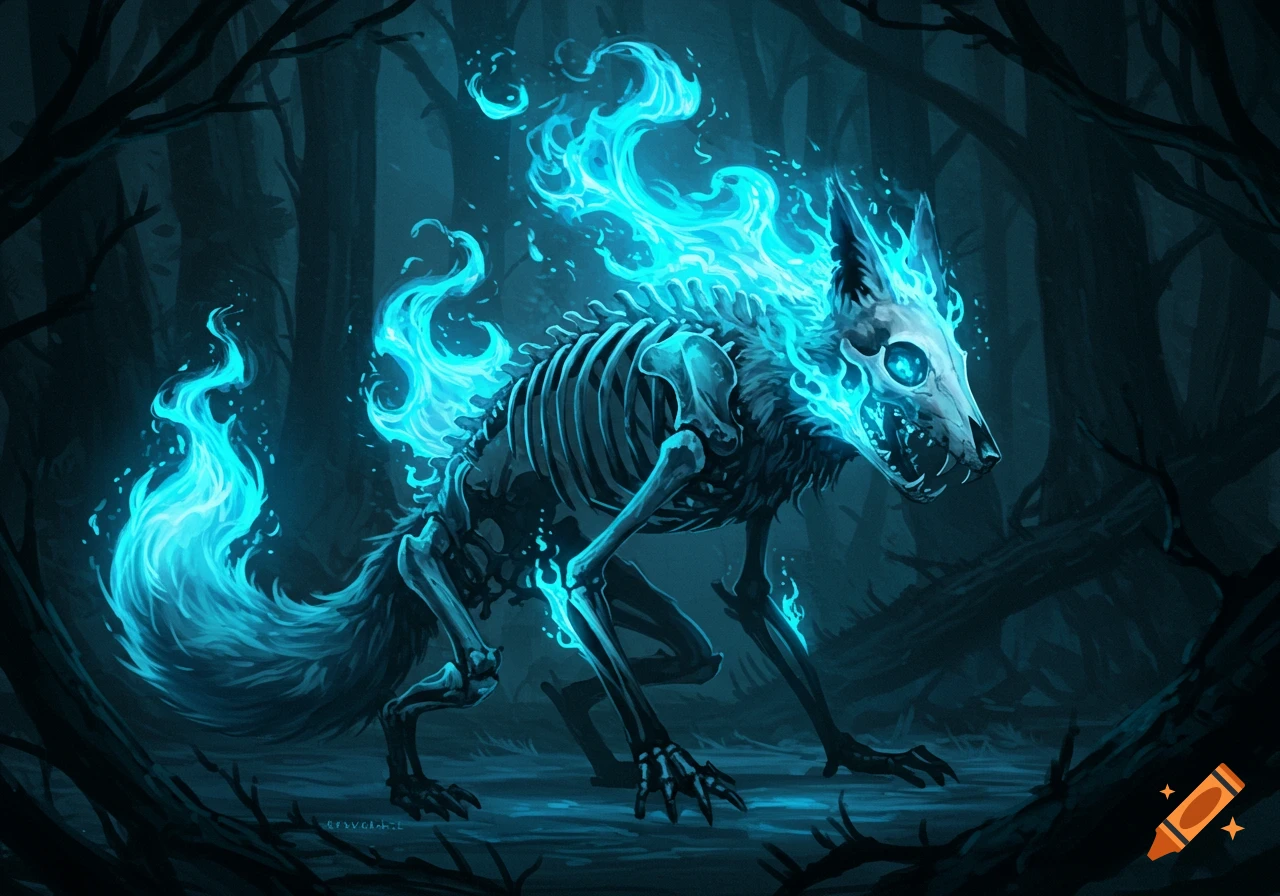 A skeletal fox-like creature with glowing blue flames along its body and head, standing in a dark, ominous forest in a stylized art style.