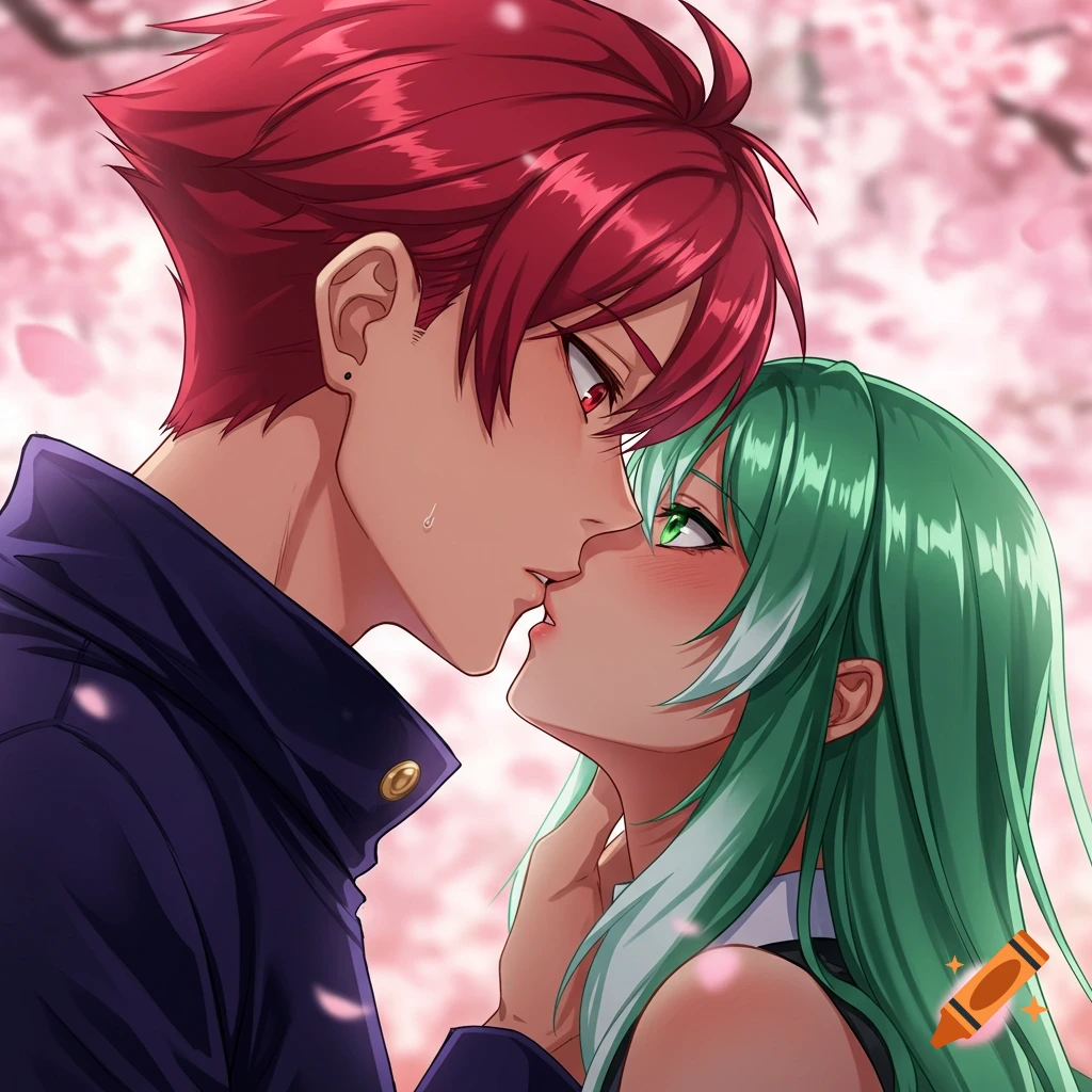 Anime style illustration of a red-haired boy and a green-haired girl kissing under falling cherry blossoms.