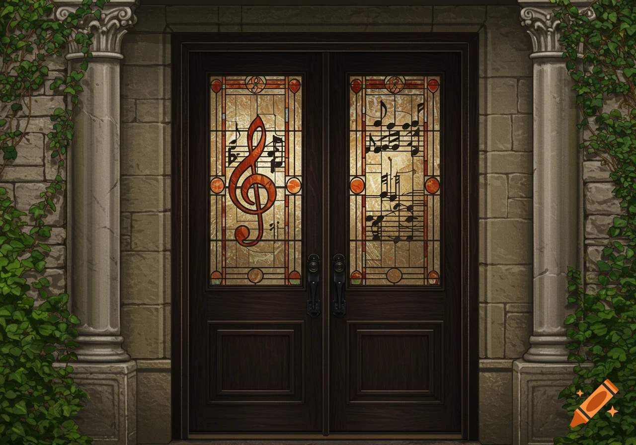 A dark oak entry door with stained glass inserts featuring a large red treble clef on the left and musical notes on a staff on the right, flanked by stone columns and green ivy.