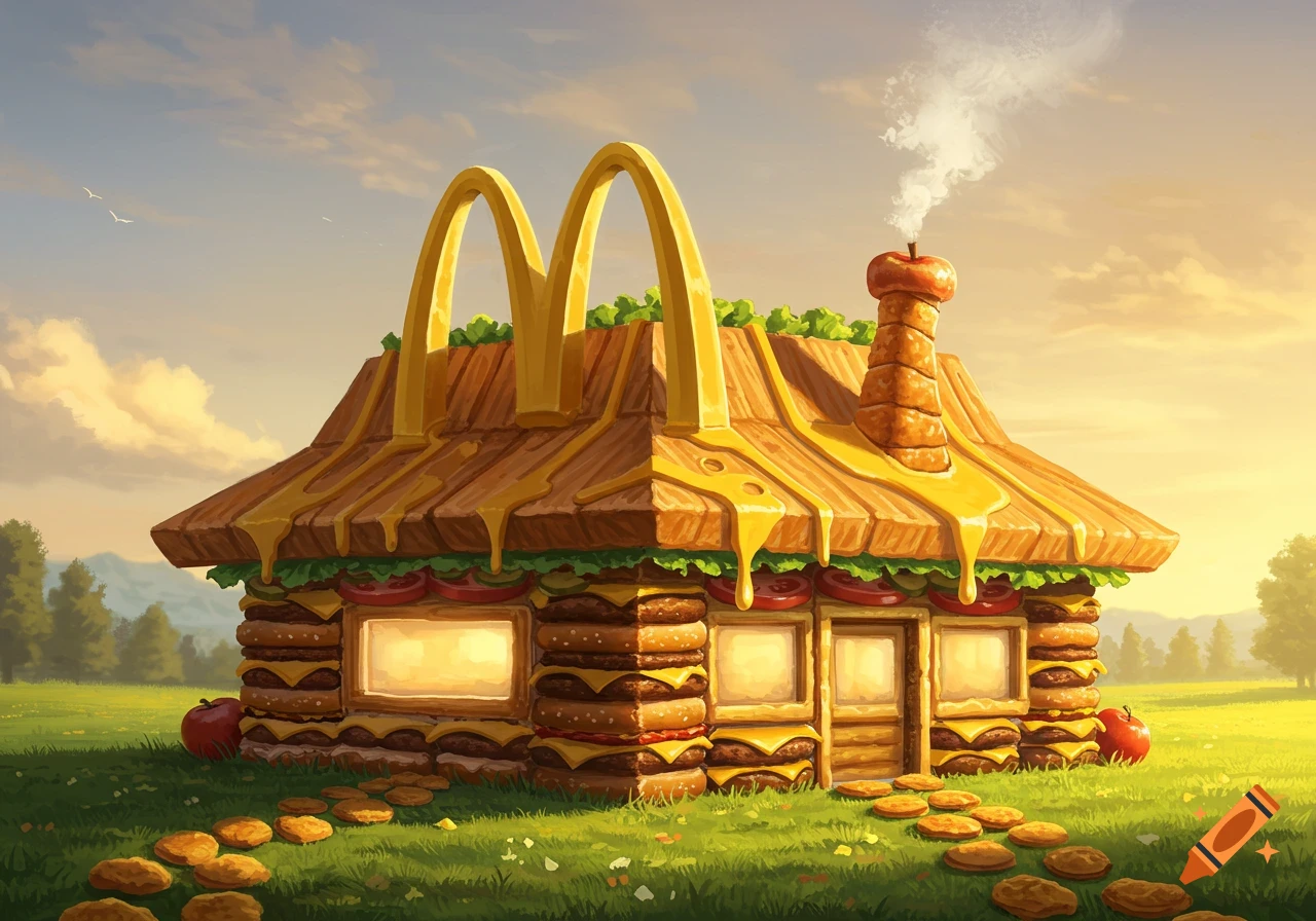 A whimsical house made of hamburgers, cheese, and buns with McDonald's golden arches on the roof, in a sunny green field.