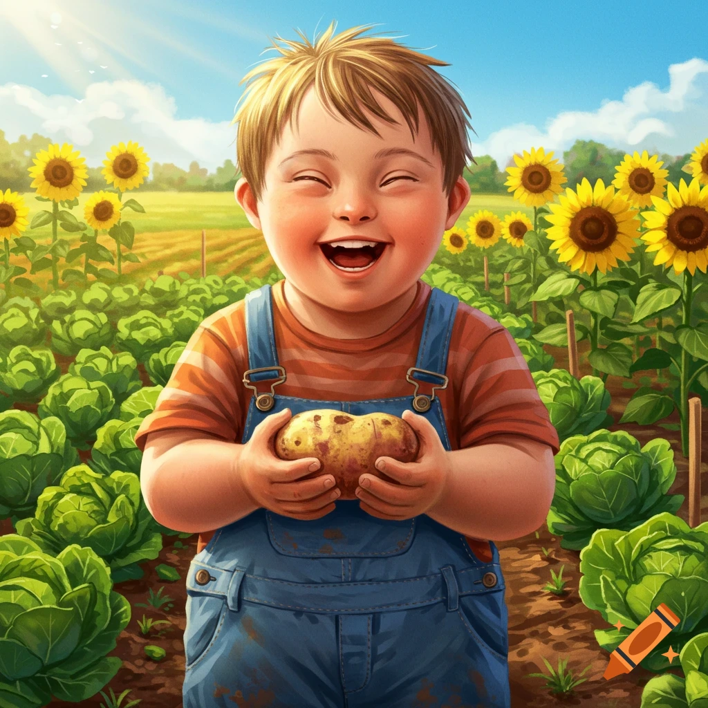 A smiling boy in overalls holds a potato in a sunny field of cabbage and sunflowers, in a vibrant, illustrative style.