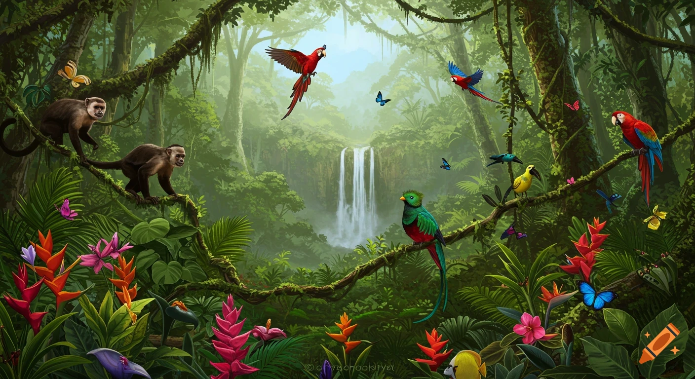 Vibrant illustration of a lush rainforest with monkeys, colorful birds, butterflies, tropical plants, and a waterfall in the background.