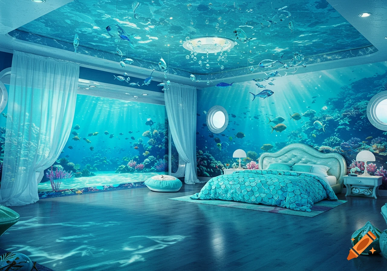 A photorealistic underwater-themed bedroom with blue fish-scale bedding, coral, and fish visible through large windows and a water-patterned ceiling.