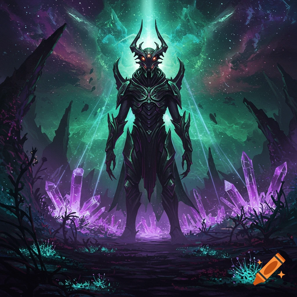 A towering dark alien creature in ornate armor with horns and glowing eyes stands amidst purple crystals on an alien planet under a cosmic sky.