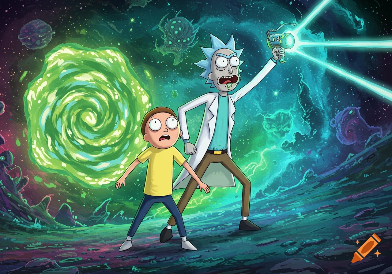 Cartoon Rick and Morty on a vibrant alien planet with a green portal, Rick aiming a laser gun.