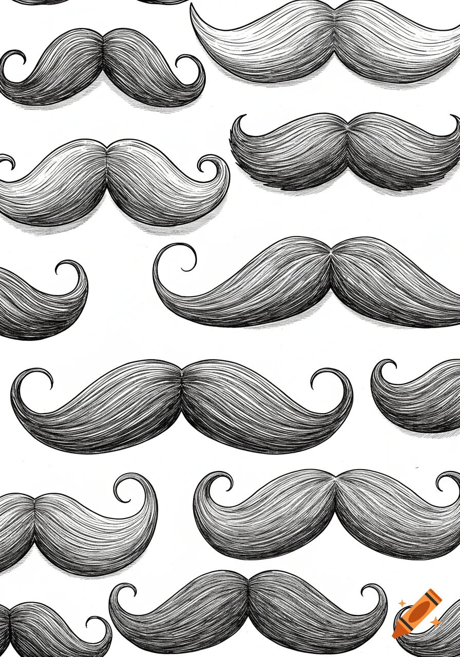 A pattern of black and white ink drawings of curly mustaches with cross-hatching.