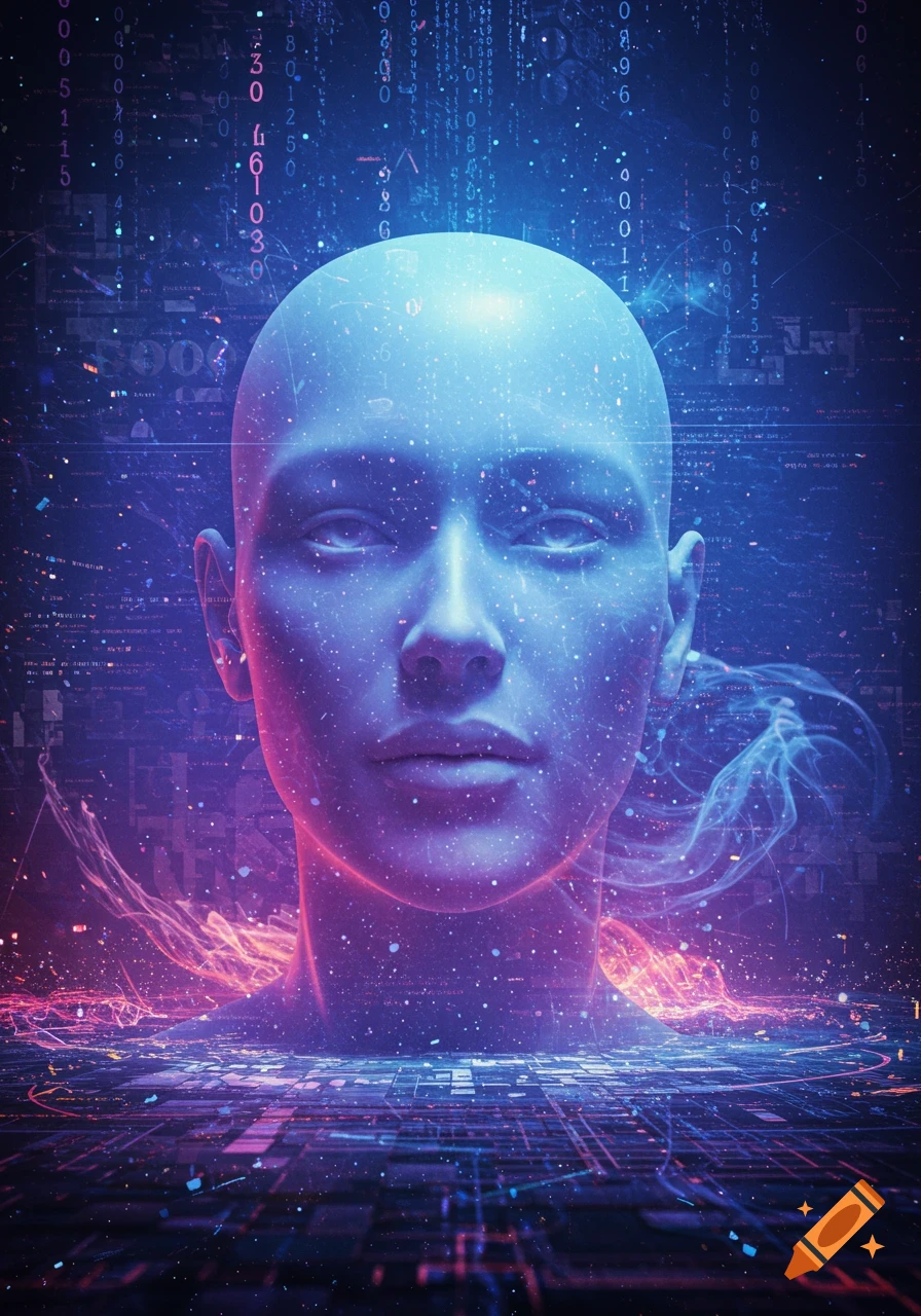A glowing, stylized human head emerges from a futuristic digital landscape with falling binary code, rendered in blue and purple neon lights.