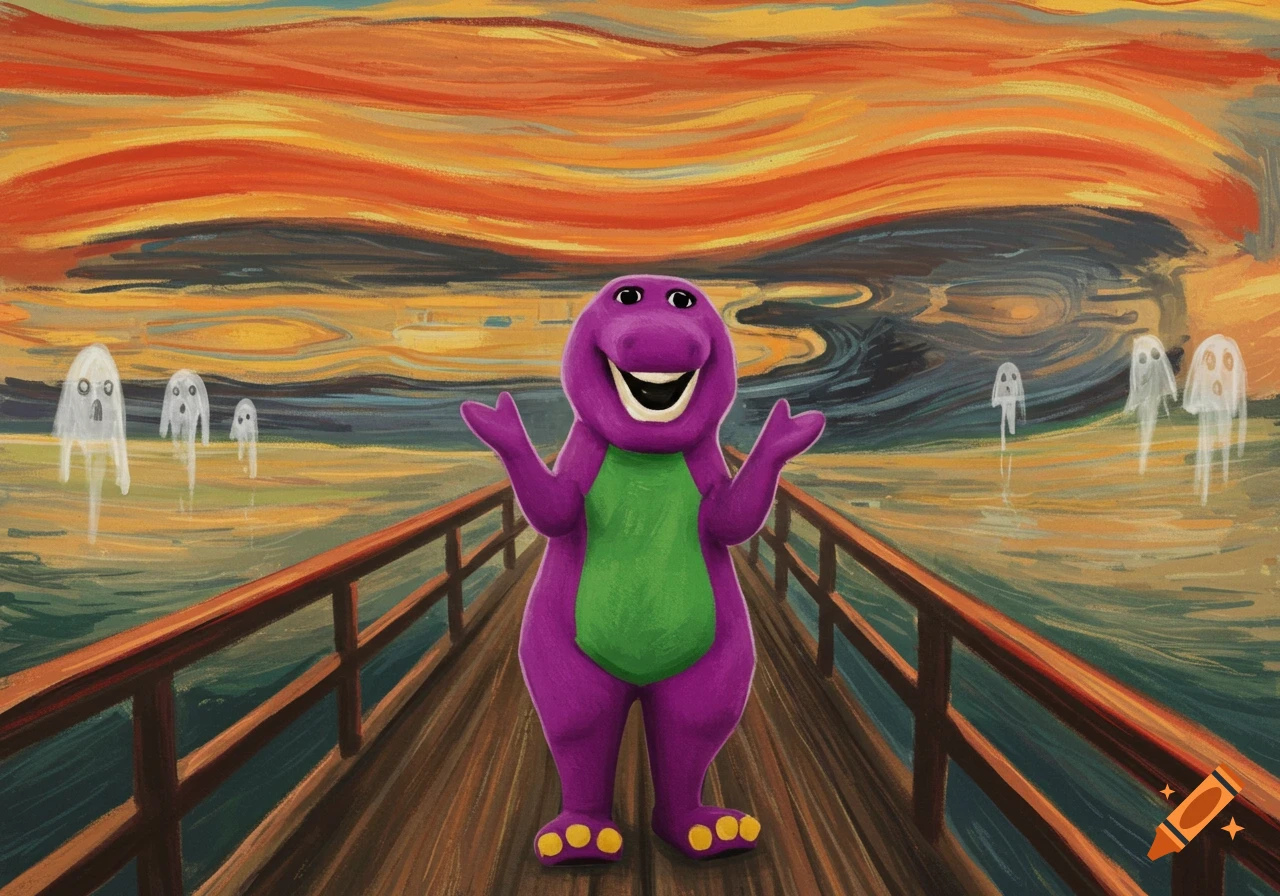 Barney the Dinosaur stands on a bridge in a parody of Munch's The Scream painting, with ghosts and a fiery sky.