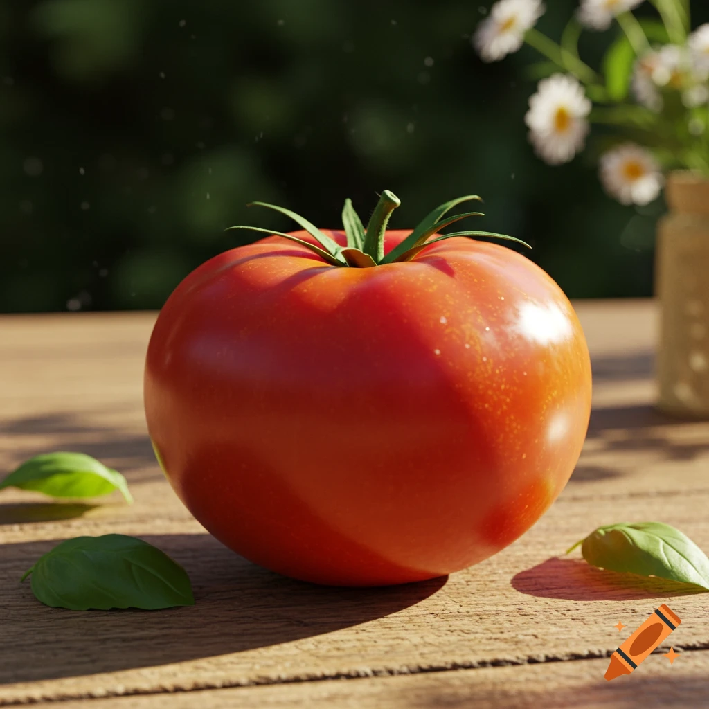 A photorealistic close-up of a ripe red tomato with green basil leaves on a rustic wooden table, dappled with sunlight.