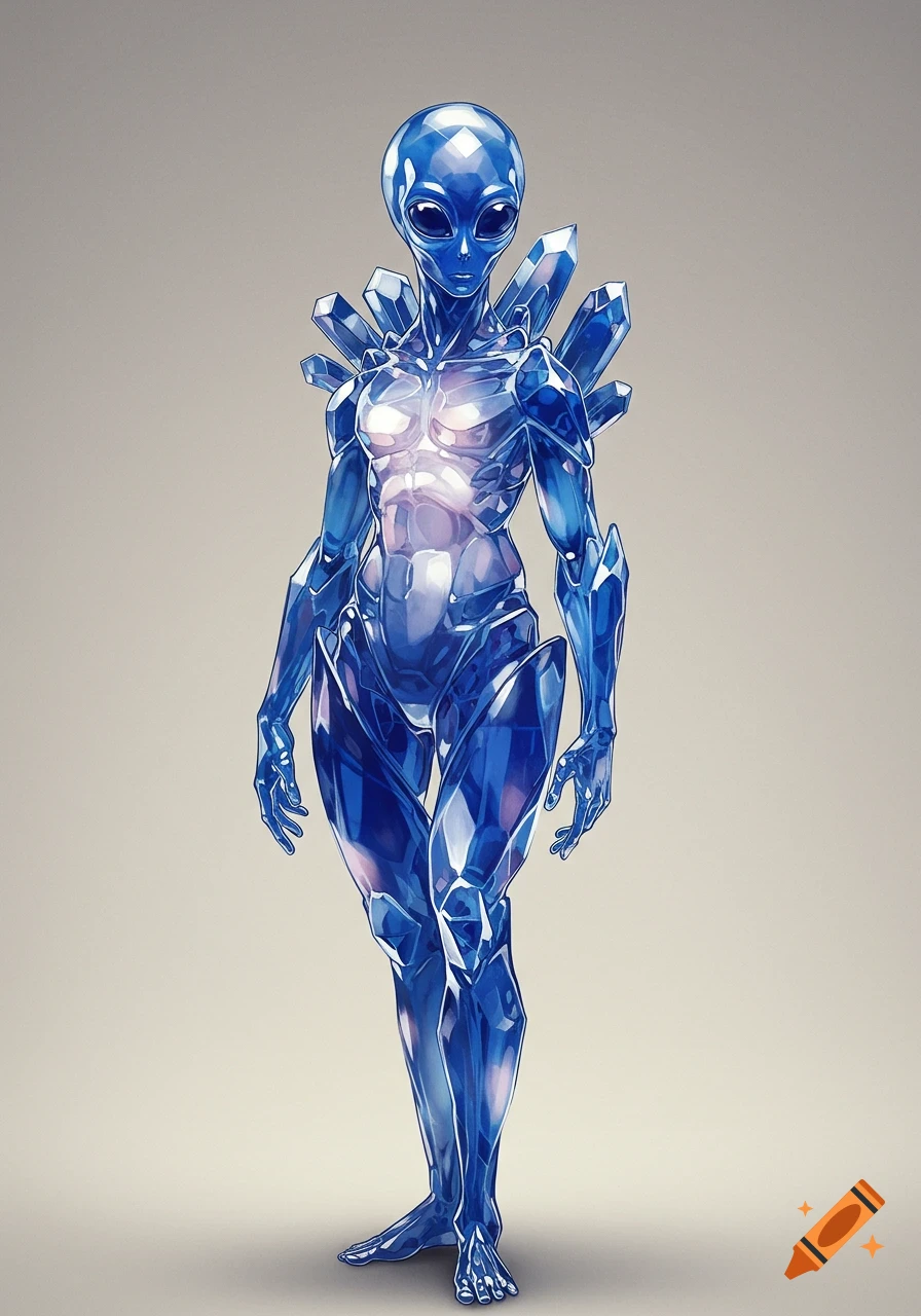 A blue translucent crystalline alien diplomat with a glowing core and sharp facets, in a realistic digital painting style.