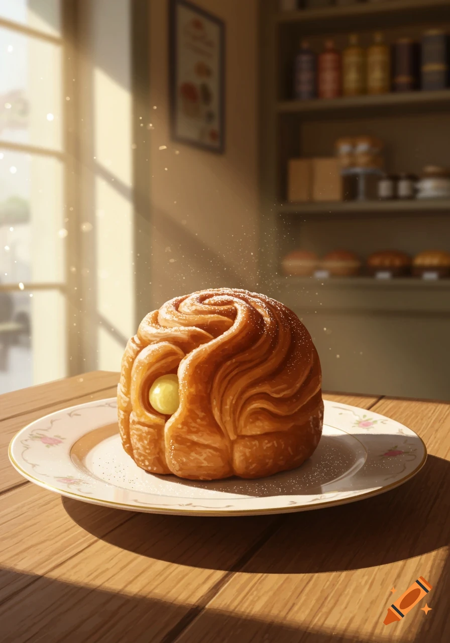 A golden-brown French 'chinois' pastry with a dollop of cream, dusted with powdered sugar, on a plate on a wooden table in a sunlit bakery.