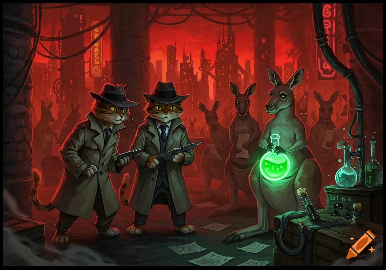 Two anthropomorphic cat detectives with guns investigate kangaroos holding a glowing green potion in a red-skied cyberpunk city scene.