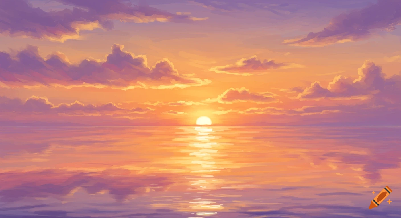 Painterly sunset over a calm ocean, with warm orange, pink, and purple clouds reflected in the water as the sun dips below the horizon.