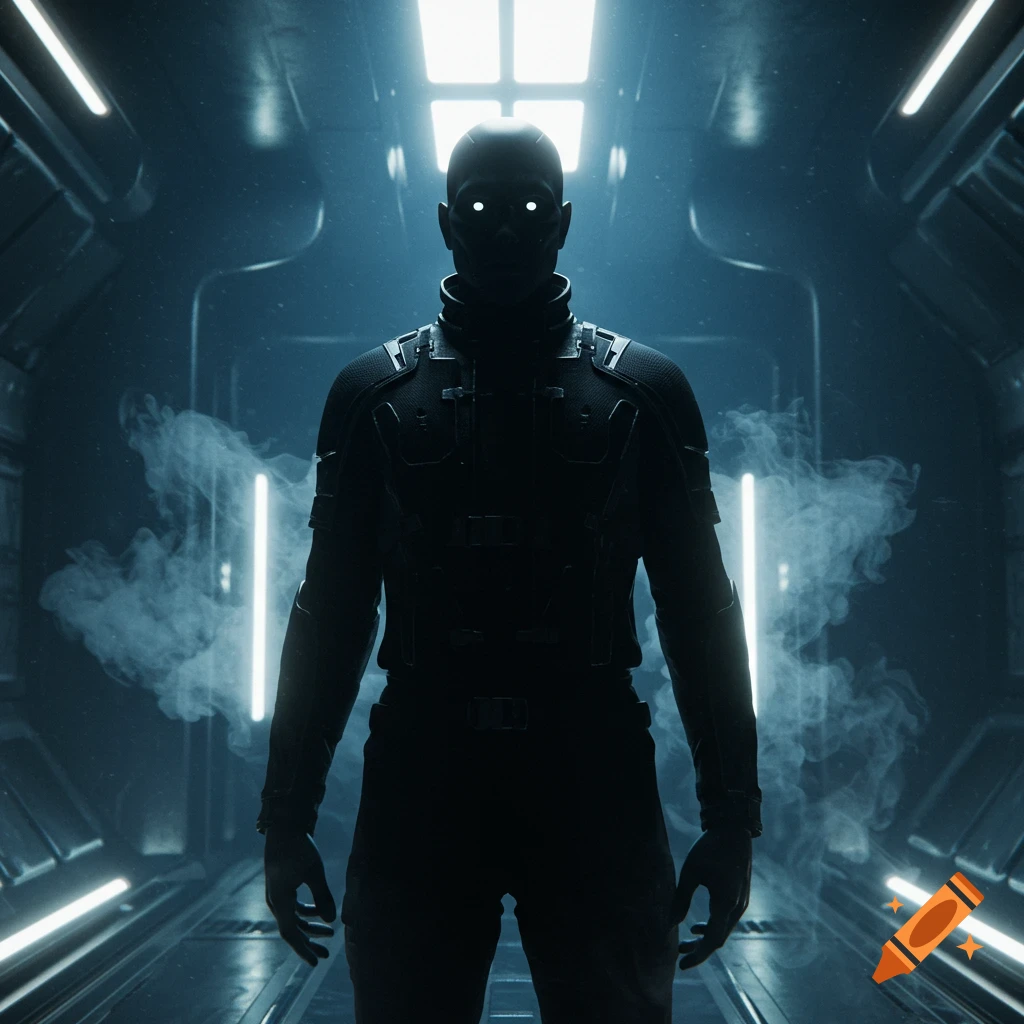 A shadowy figure with glowing white eyes in a dark, smoke-filled futuristic corridor with bright neon lights.