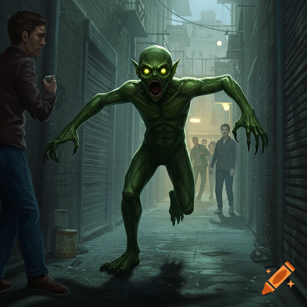 A terrifying green monster with glowing yellow eyes and long claws lunges through a dark, grimy alley, frightening a man and other distant figures.