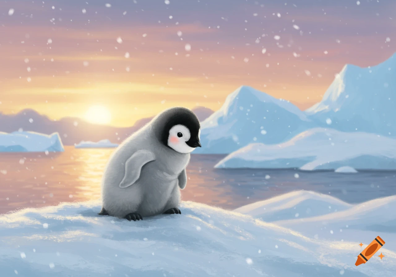 An illustrated fluffy baby penguin stands on snow with icebergs and a colorful sunset sky, as snow gently falls.