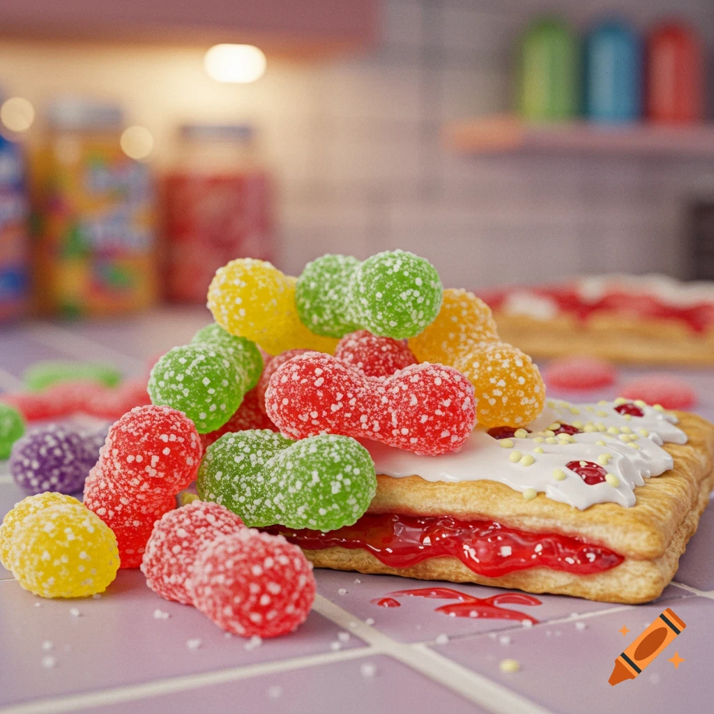 A close-up of a strawberry pop tart with white frosting and sprinkles, topped with a pile of colorful, sugar-coated gummy candies. Some candy and jam are scattered on a tiled surface.