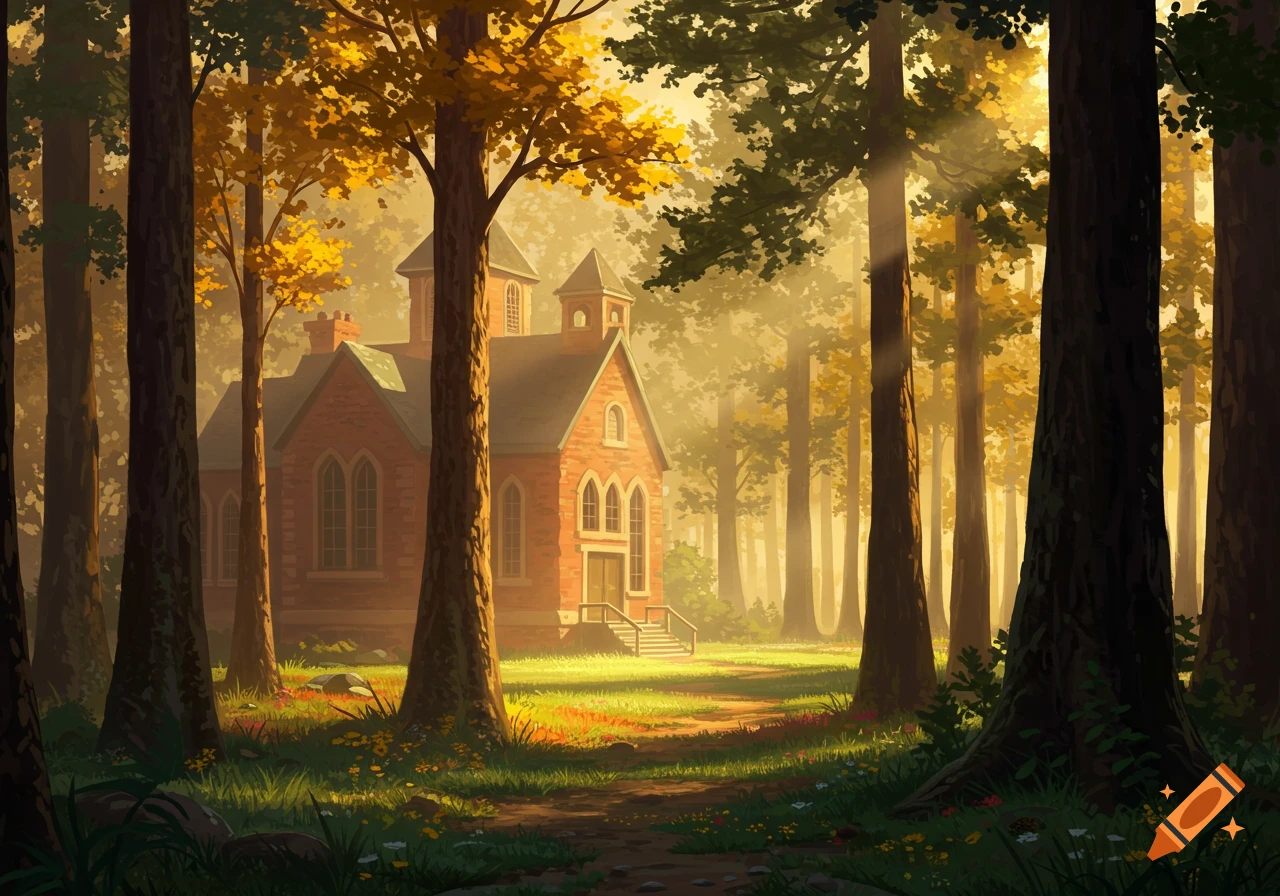 An illustrative landscape features a red-brick schoolhouse in a sunlit autumn forest, with a path leading to its entrance.