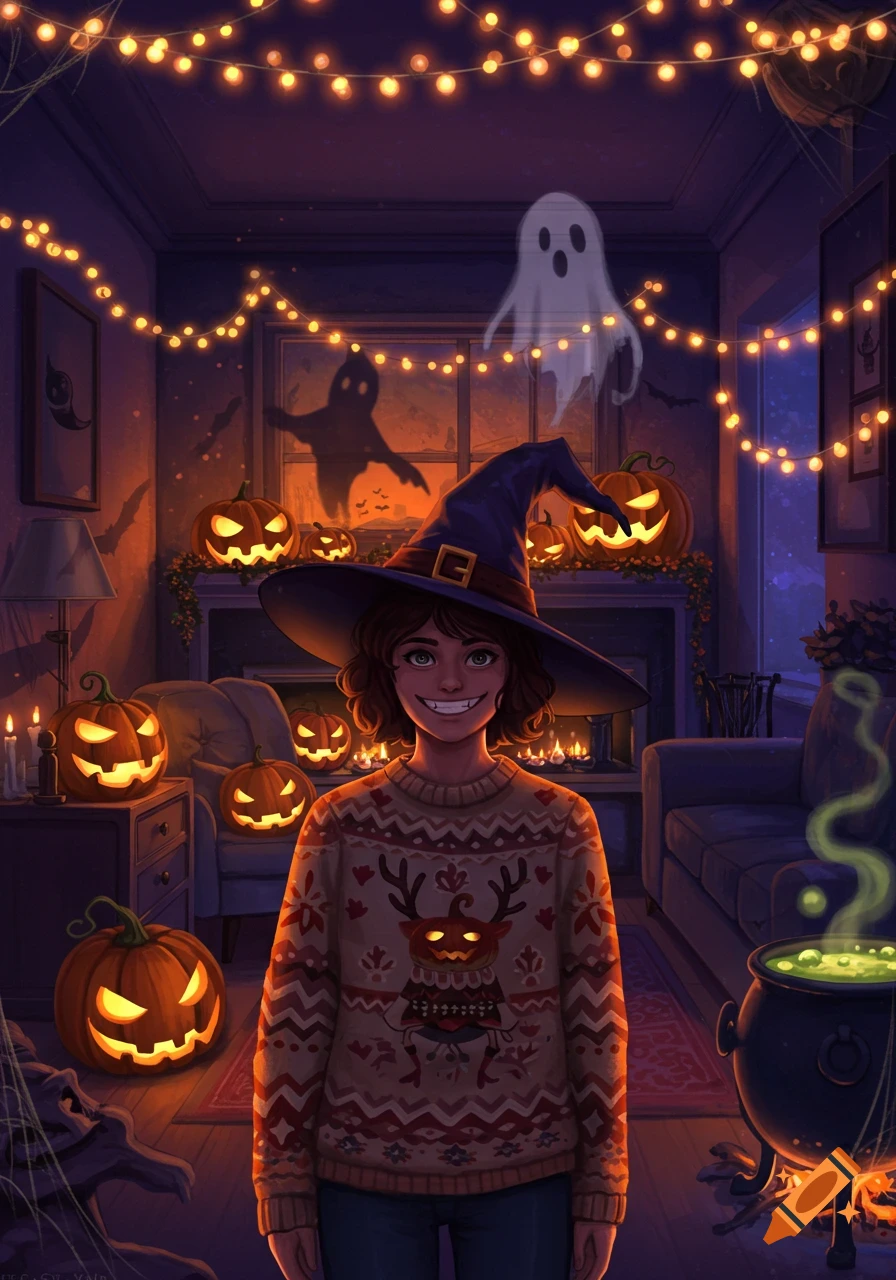 A person in a witch hat and Halloween sweater smiles in a dimly lit, cozy room decorated with glowing jack-o'-lanterns, string lights, and ghosts, with a bubbling cauldron.