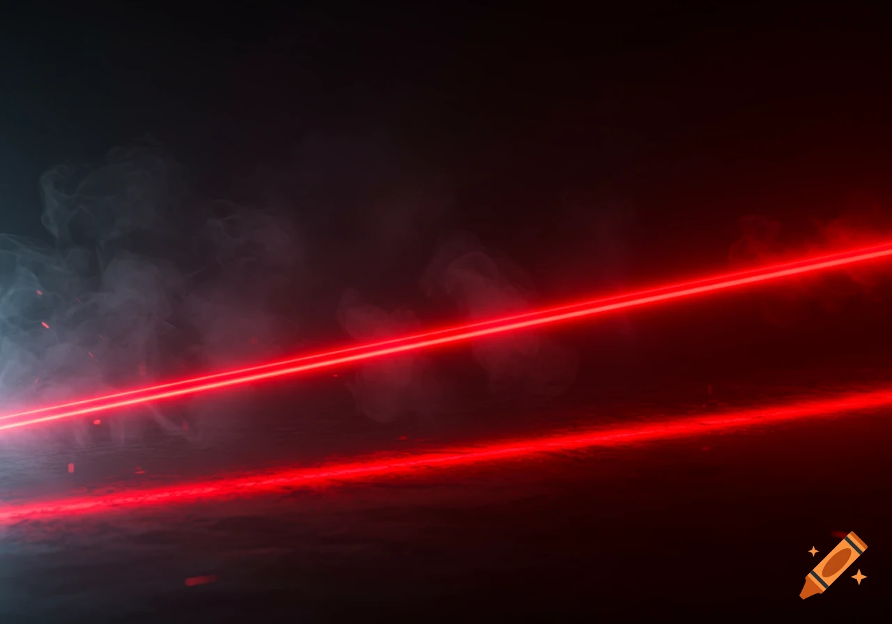 Red laser beams cut through wisps of smoke on a dark, reflective background.