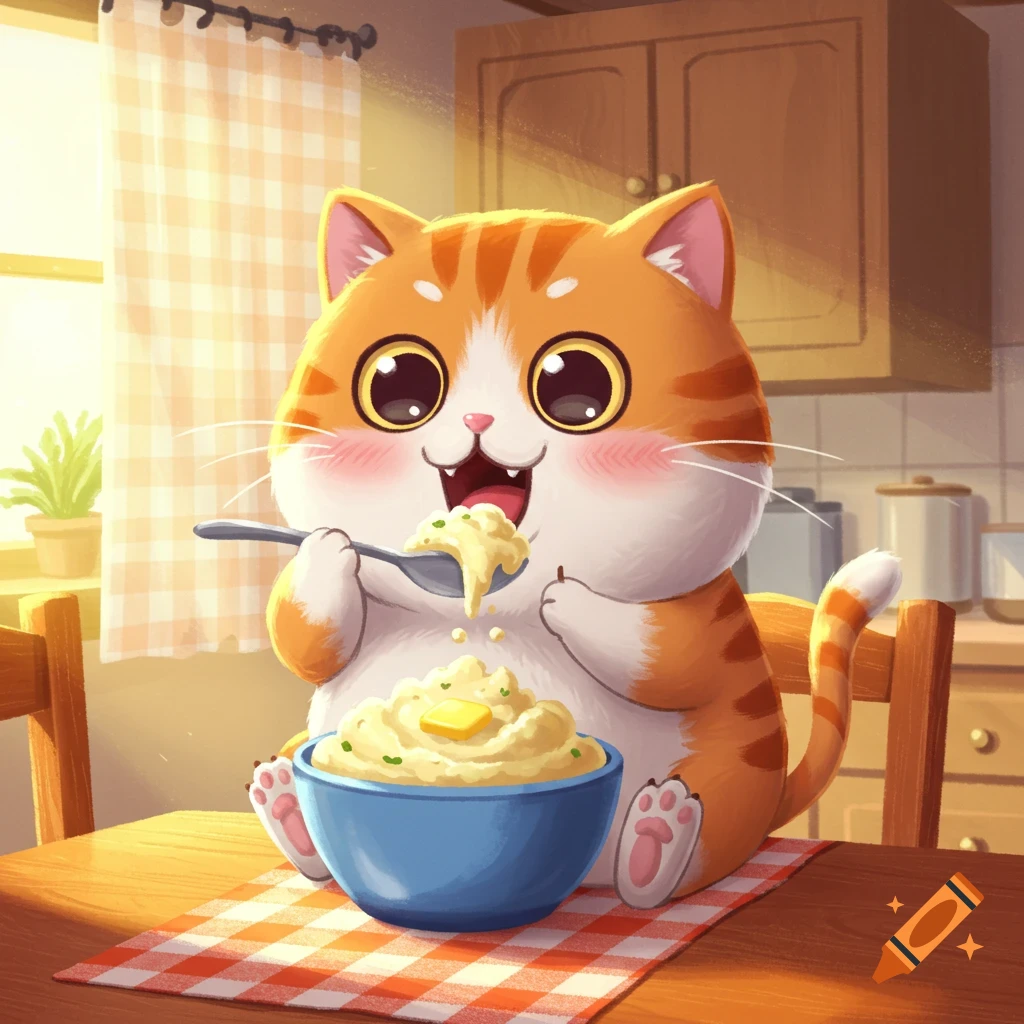 Cute cartoon cat happily eating mashed potatoes with a spoon at a kitchen table.