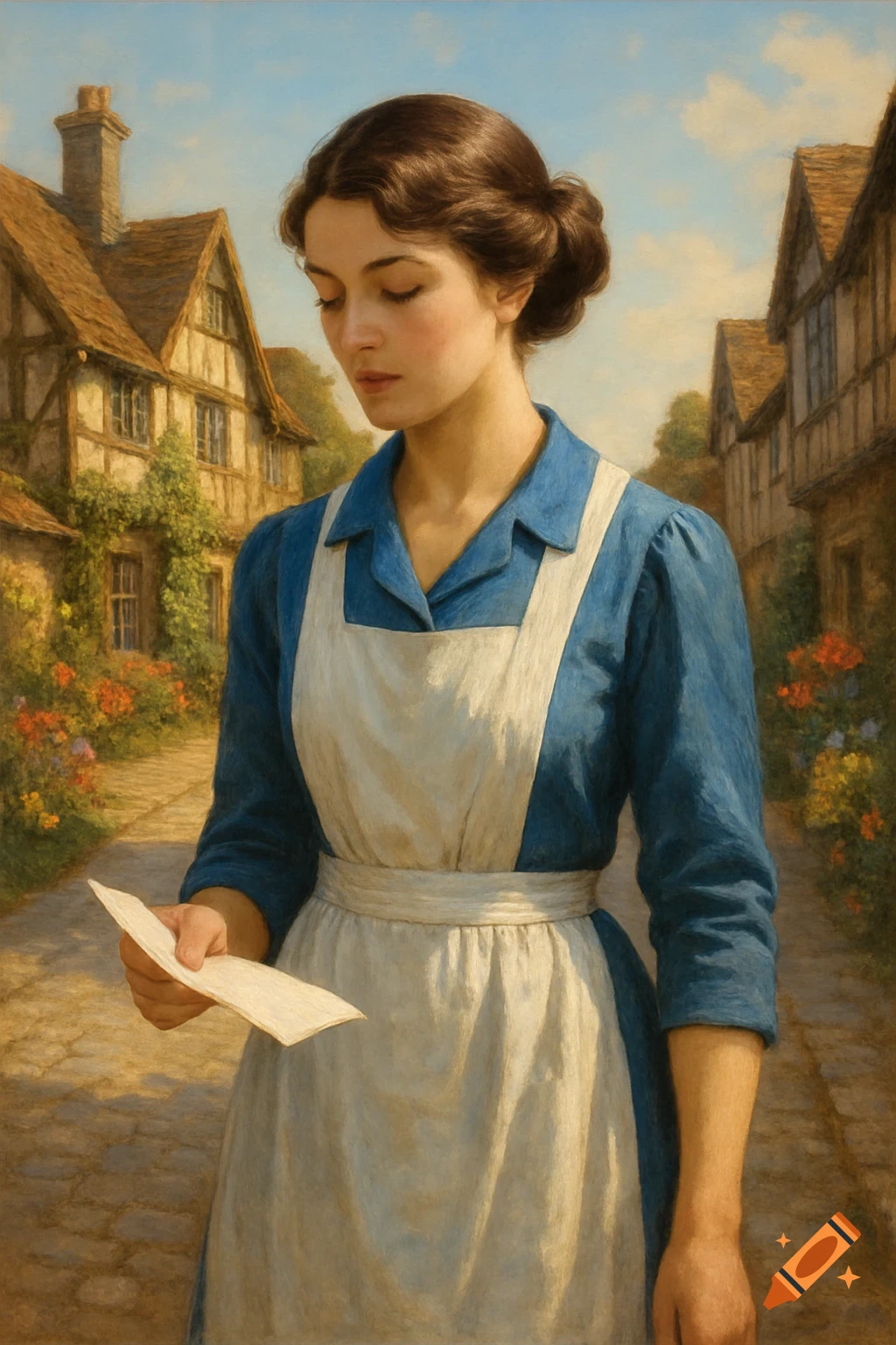 A painting of a young woman in an apron and blue blouse walking in an old English village, holding a piece of paper.