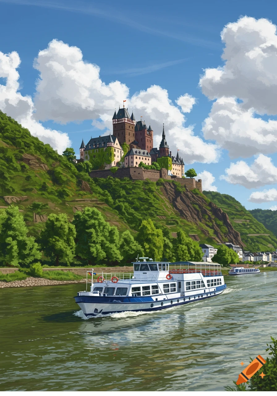 Illustrated view of a historic castle atop a lush green hill beside a river with a passenger boat, under a bright blue sky.