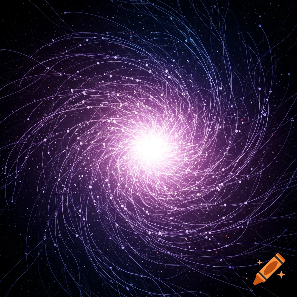 A bright, glowing purple and white spiral of light and lines, resembling a galaxy or wormhole, against a dark, starry background.