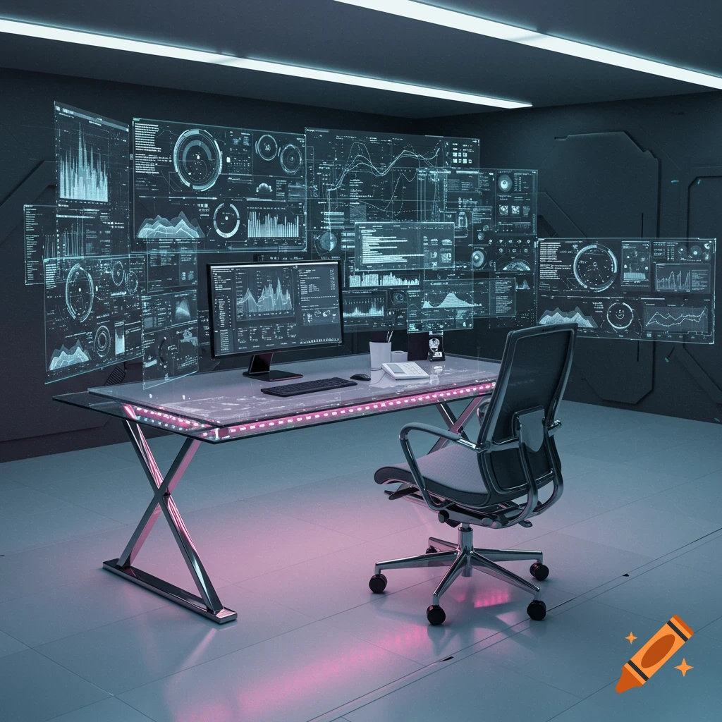A futuristic desk setup with glowing accents, a computer monitor, and multiple transparent holographic screens displaying data in a dark room.
