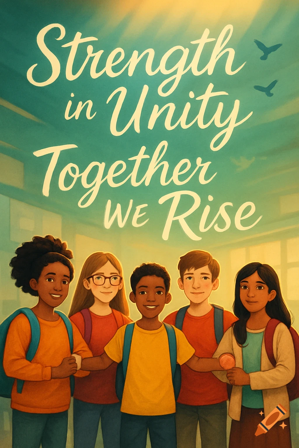 Illustrated poster of five diverse children with backpacks, holding hands, under the text "Strength in Unity Together We Rise".