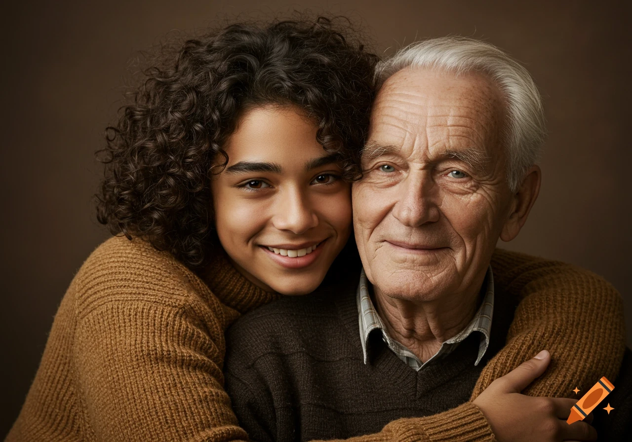Photorealistic portrait of a smiling young person with curly hair embracing an elderly man with gray hair.