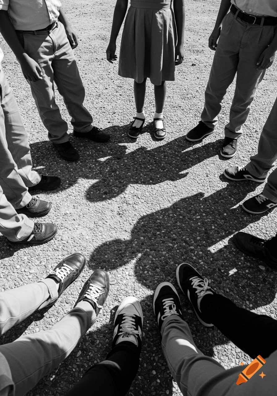 Photorealistic black and white overhead view of children's feet and legs in a circle on a pebbled ground, casting dramatic shadows.