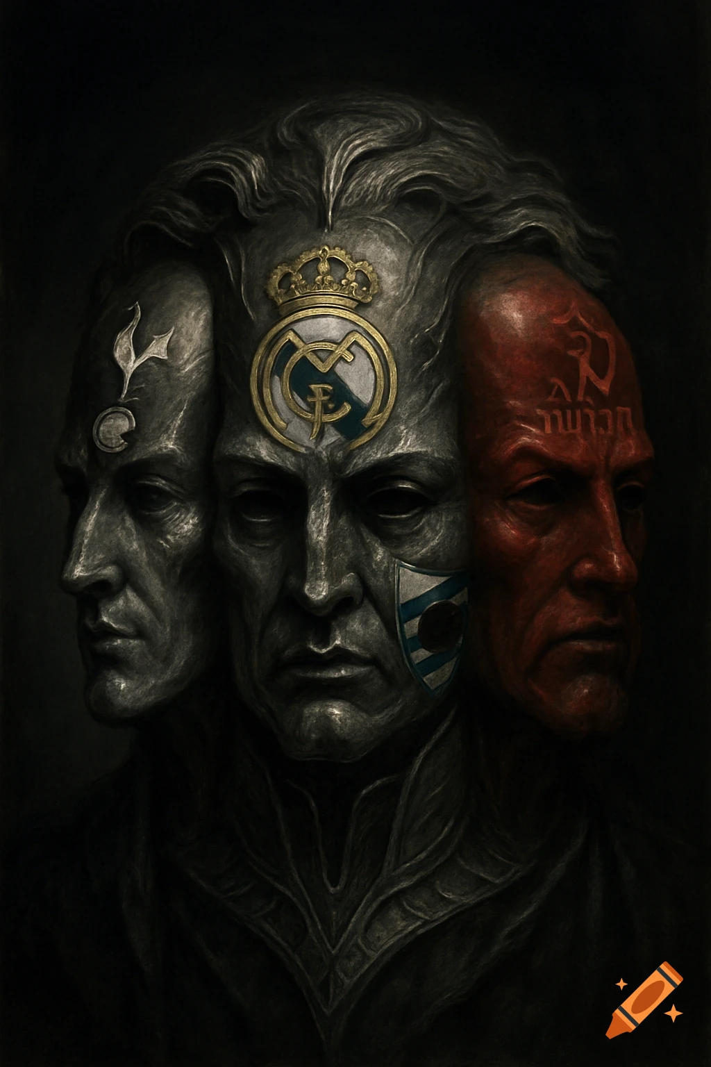 A dark, dramatic, horror-style statue features four fused faces: a central metallic gray face with a Real Madrid logo, a left gray profile with a Tottenham logo, a right red profile with garbled Hebrew-like text, and a partial face with a Sampdoria shield.