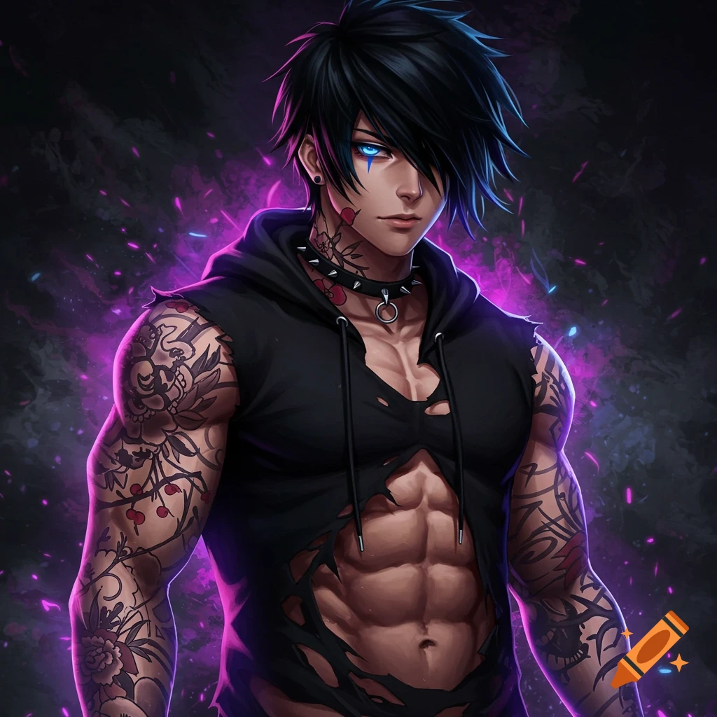 A muscular anime boy with black emo hair, glowing blue eyes, and full sleeve tattoos wears a ripped black hoodie and spiked choker against a dark, glowing purple background.