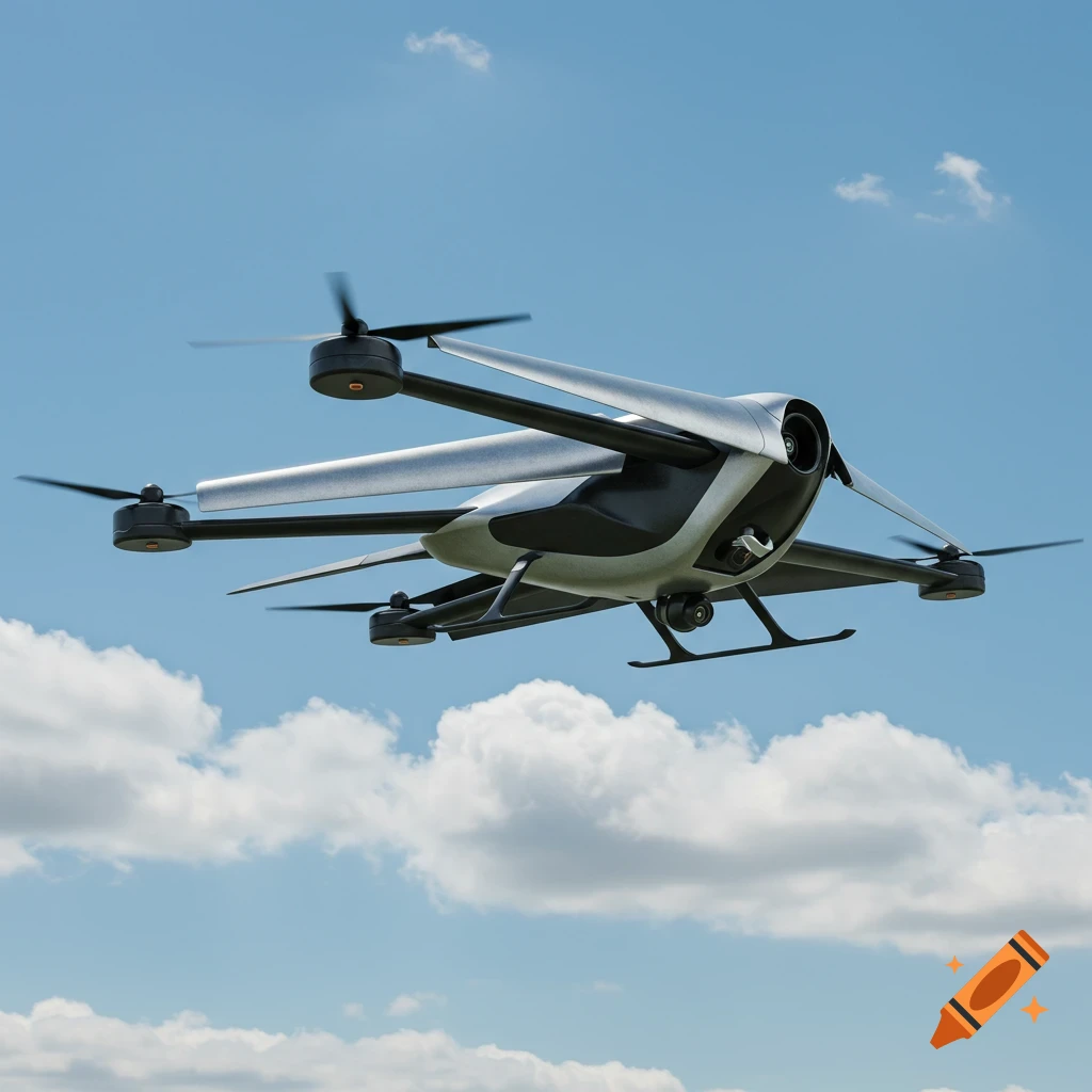 A futuristic silver and black drone with four propellers flies against a bright blue sky with scattered white clouds.