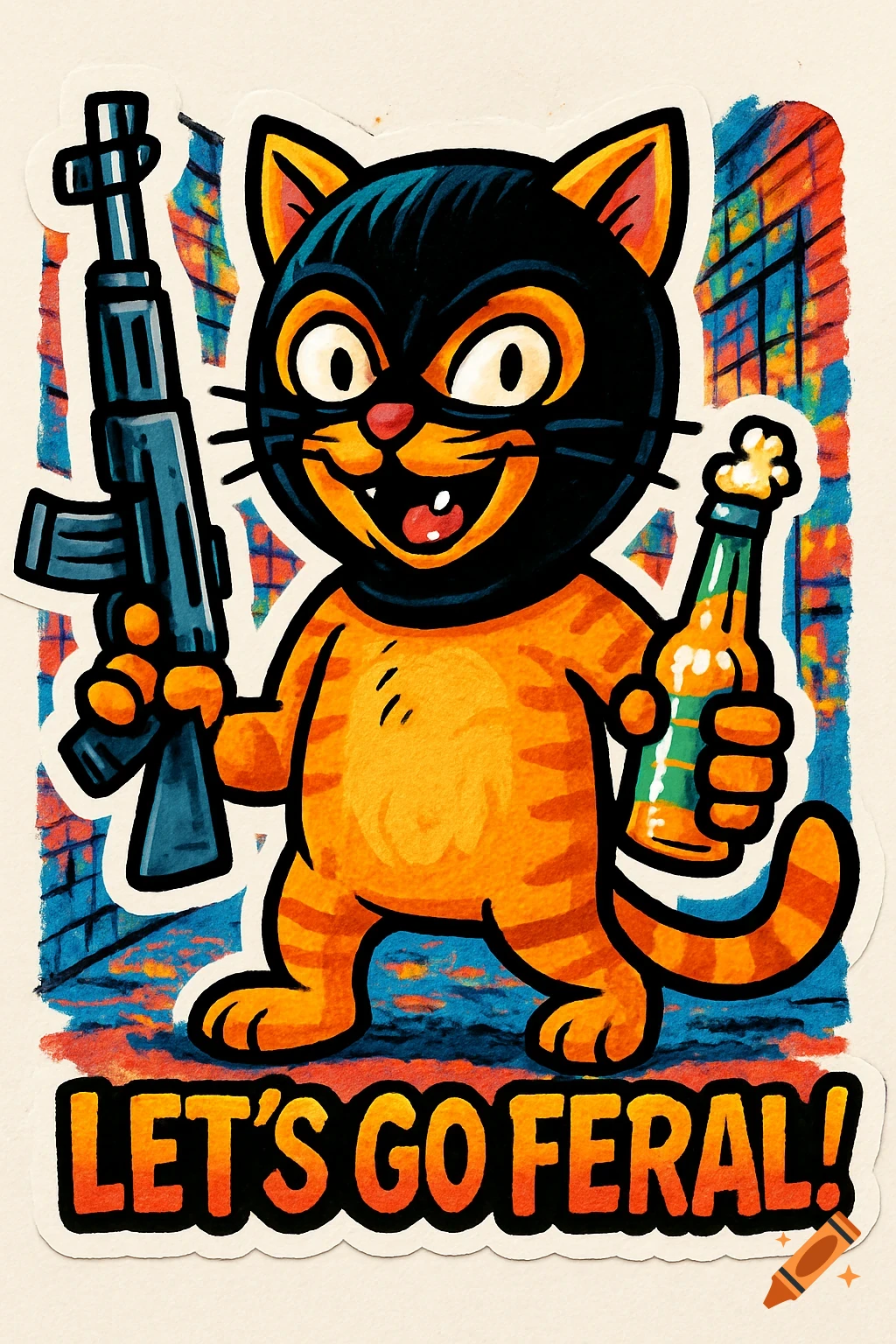 Cartoon cat wearing a balaclava holding a rifle and a beer bottle, with 'LET'S GO FERAL!' text below, in a sticker art style.