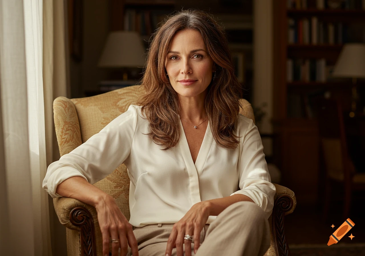 A woman with long brown hair, wearing a white blouse, sits in an armchair, looking at the camera. A bookshelf is in the background.
