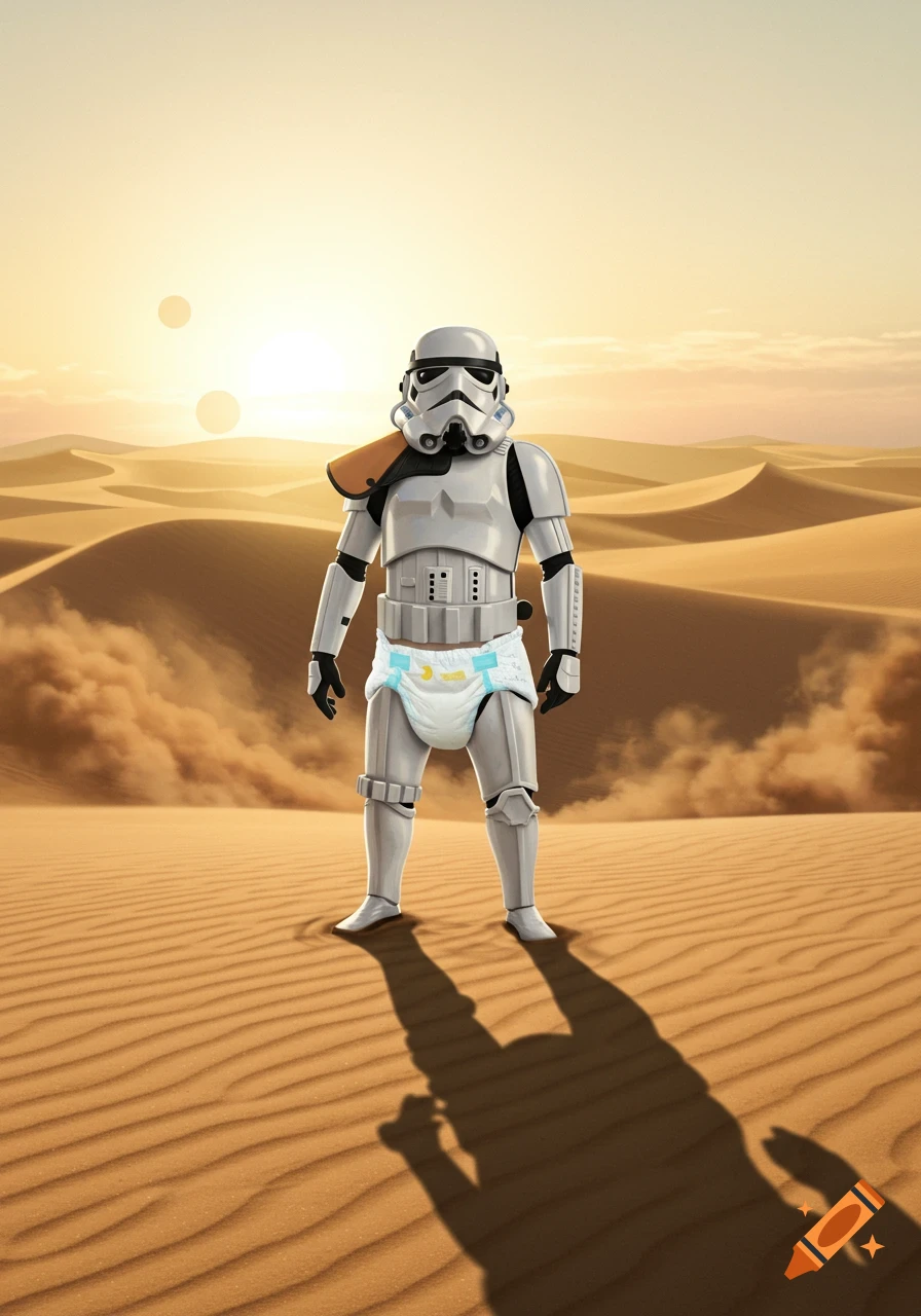 A Stormtrooper in a diaper stands in a desert with twin suns.