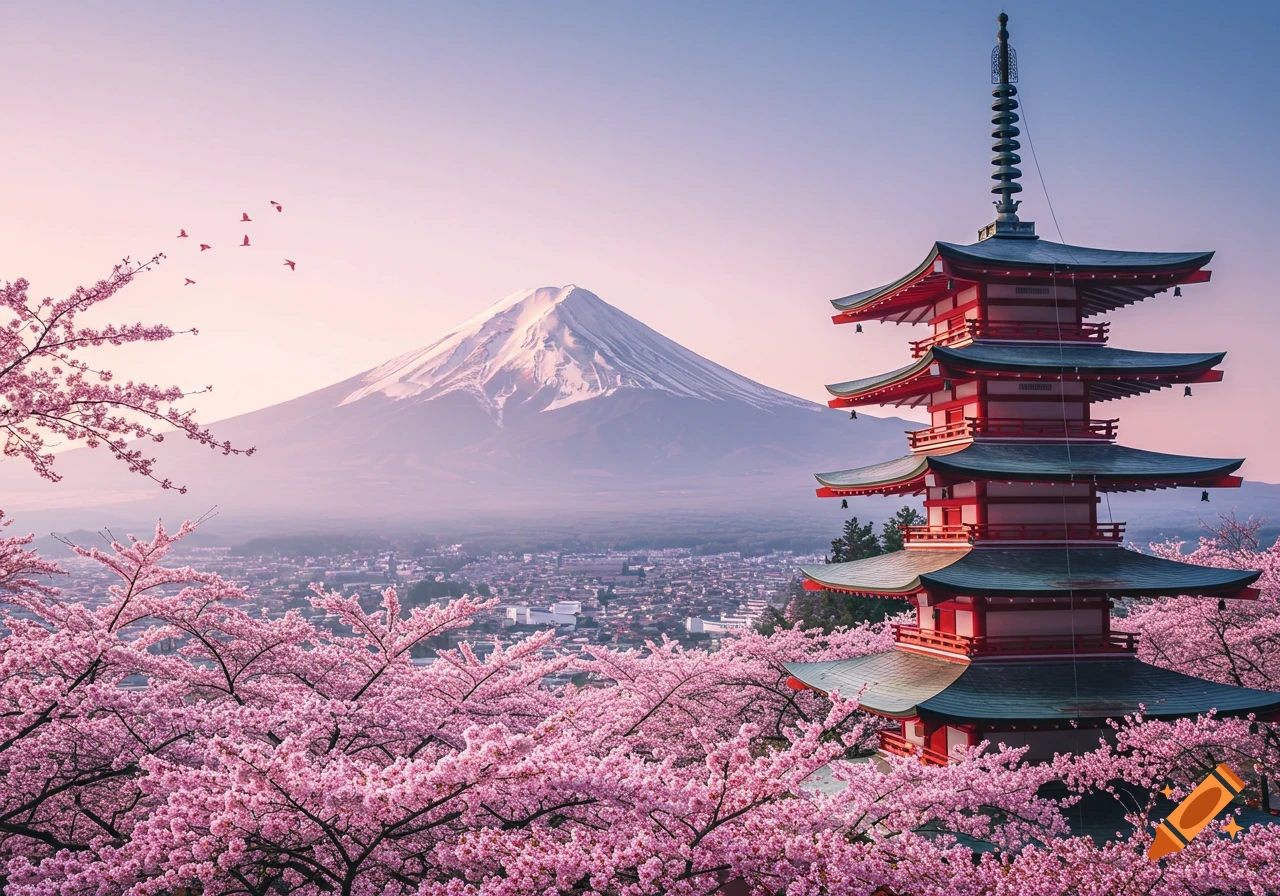 A stunning panoramic view of snow-capped Mount Fuji, a red tiered pagoda, and vibrant pink cherry blossoms in Japan.