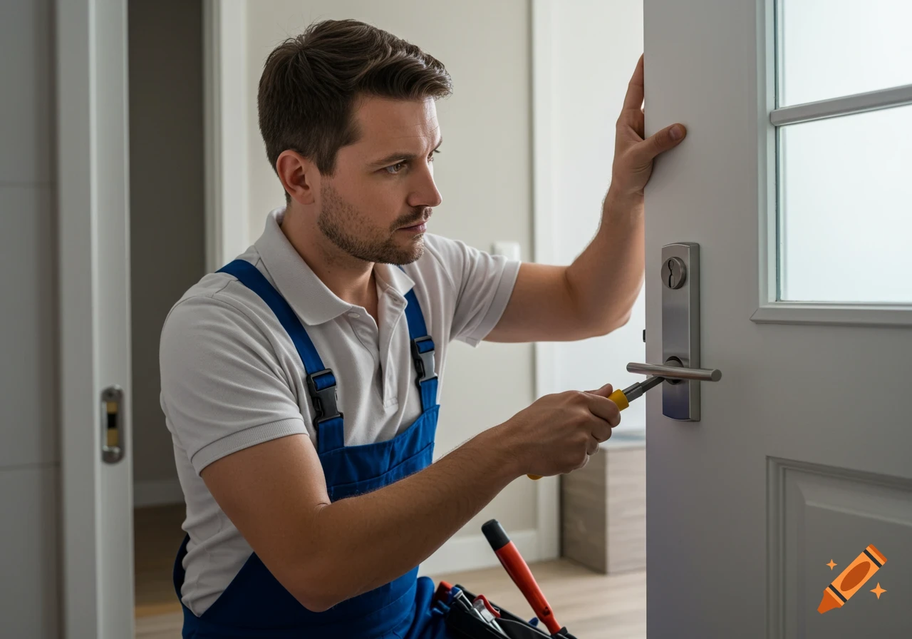 Photorealistic image of a male locksmith in blue overalls and a white polo shirt, diligently repairing a door lock with a screwdriver.