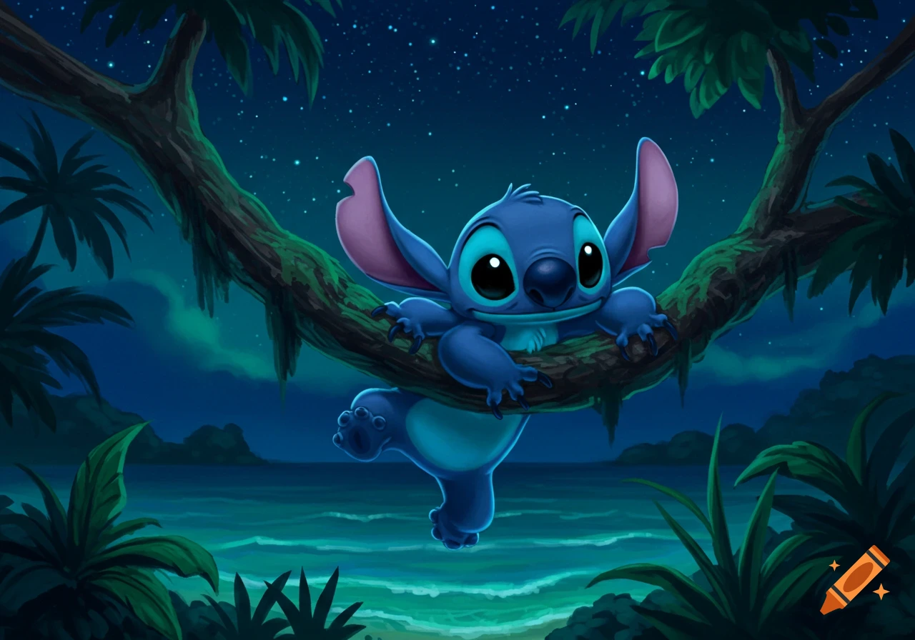 Cartoon Stitch hangs from a leafy tree branch overlooking a tropical beach and ocean under a starry night sky.