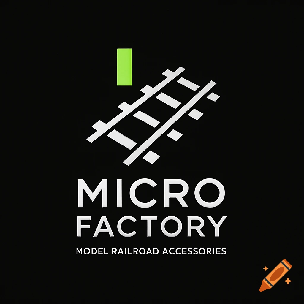 Logo: 'Micro Factory Model Railroad Accessories' in white with stylized railroad tracks and a green vertical bar on a black background.