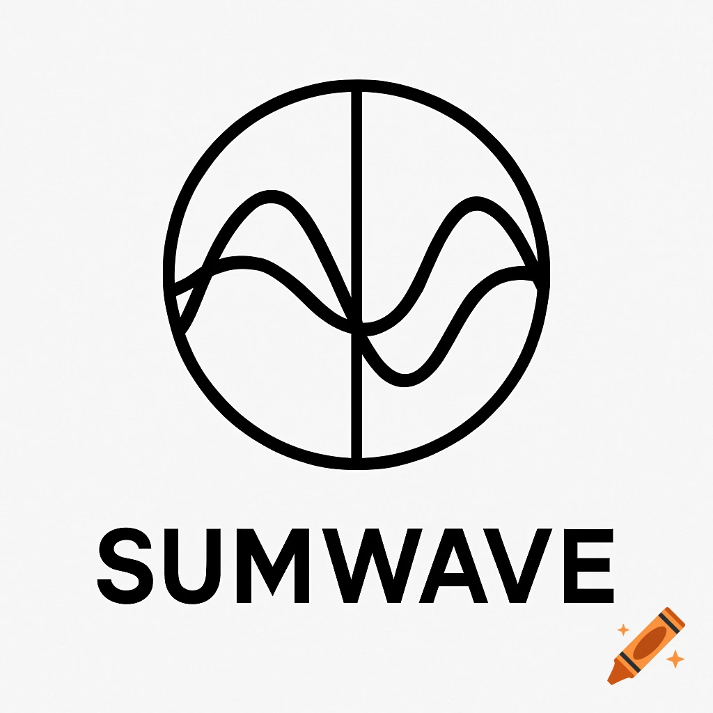 Minimalist black and white logo with abstract sine waves inside a circle and 'SUMWAVE' below.